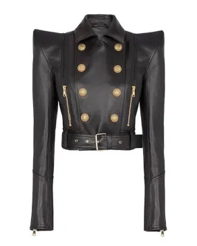 Black Runway Leather Gold Button Moto Jacket
