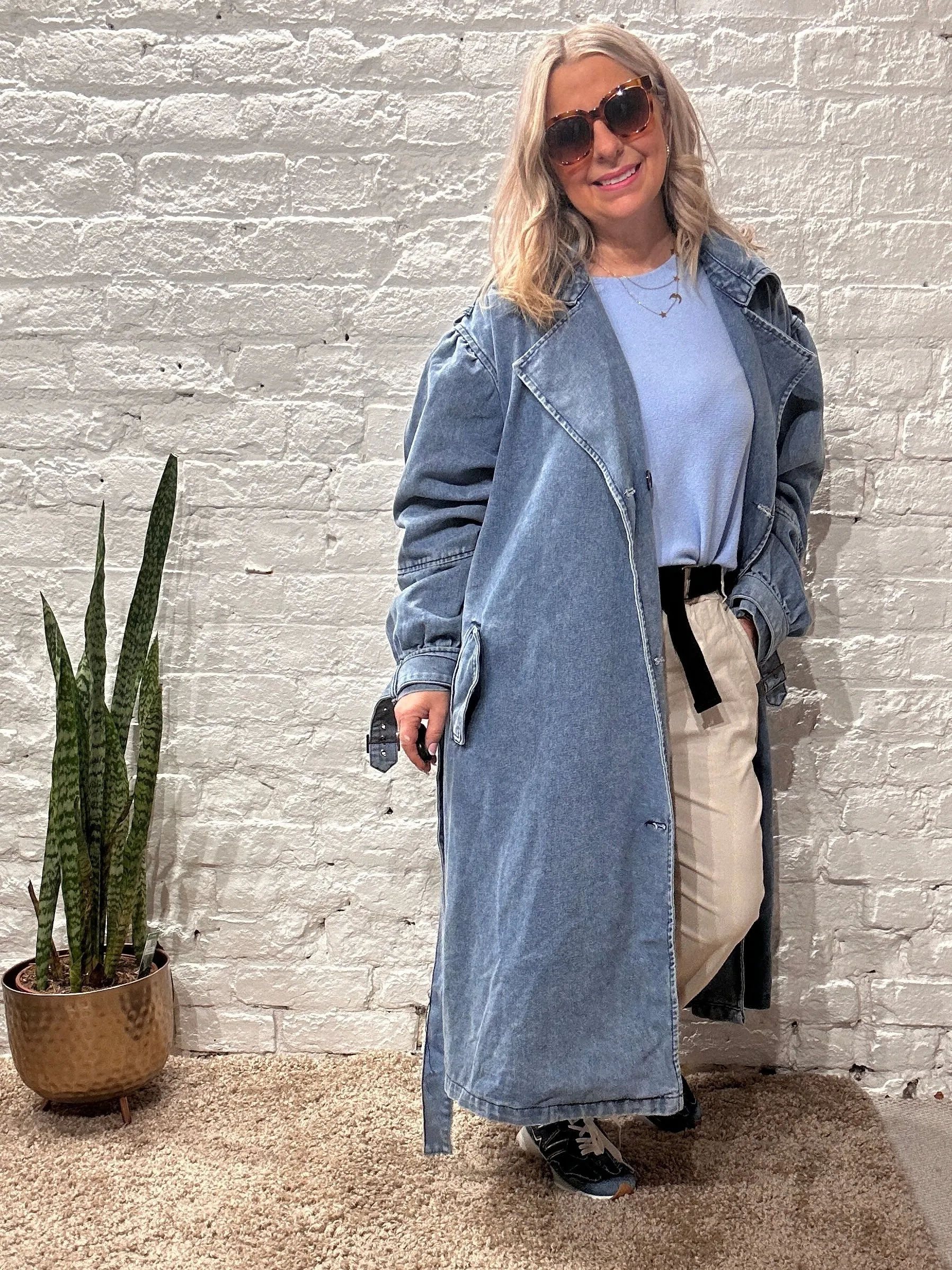Bluefoundry Classic Oversized Belted Trench In Light Blue Denim