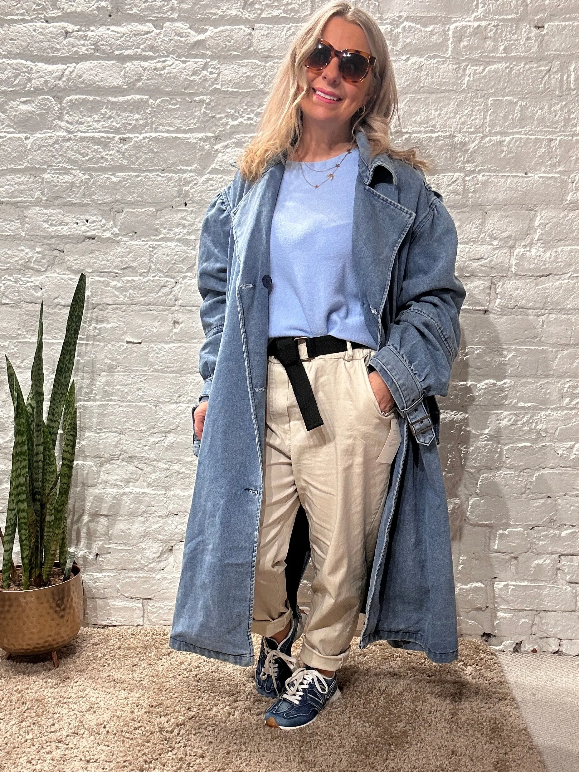 Bluefoundry Classic Oversized Belted Trench In Light Blue Denim
