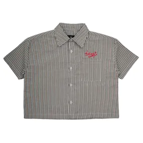 cropped polo shirt | button-down | drop shoulder | box fit | retro striped | vintage cambric | olive