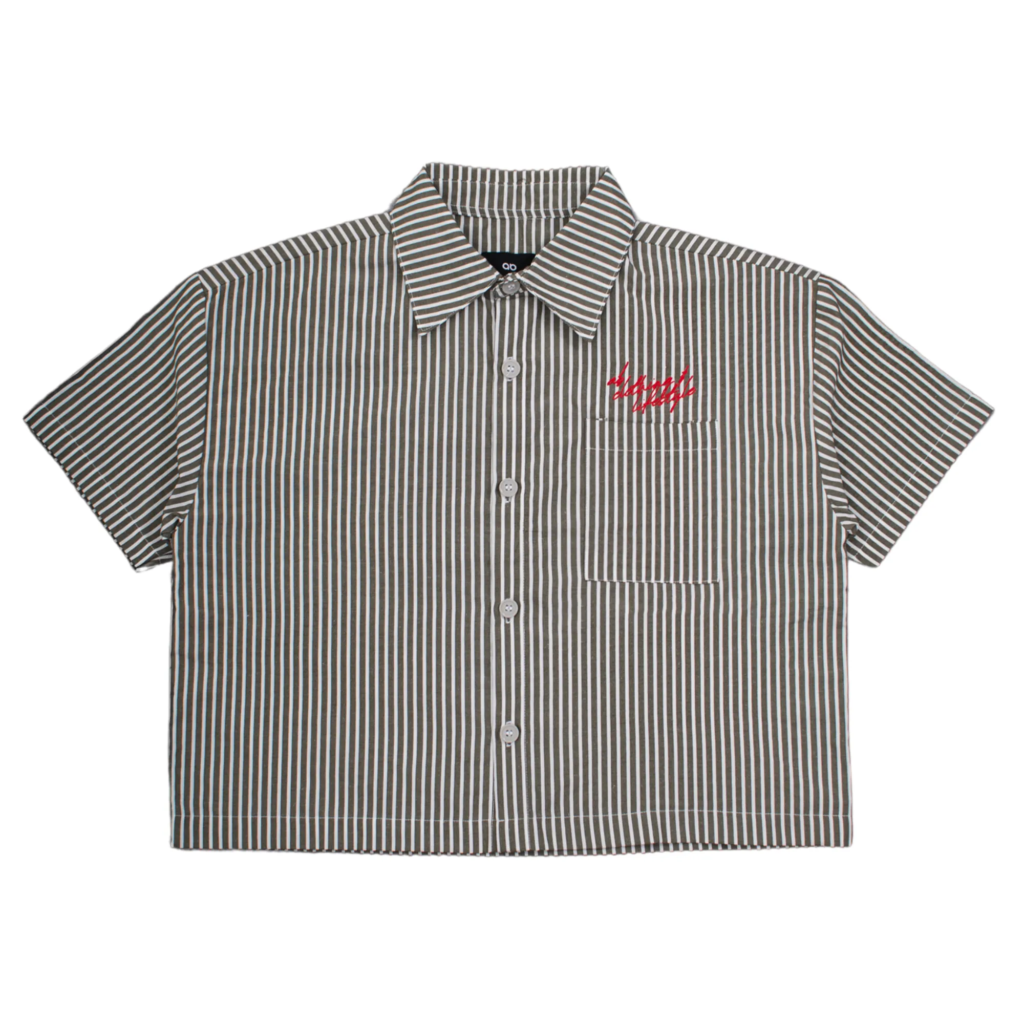 cropped polo shirt | button-down | drop shoulder | box fit | retro striped | vintage cambric | olive