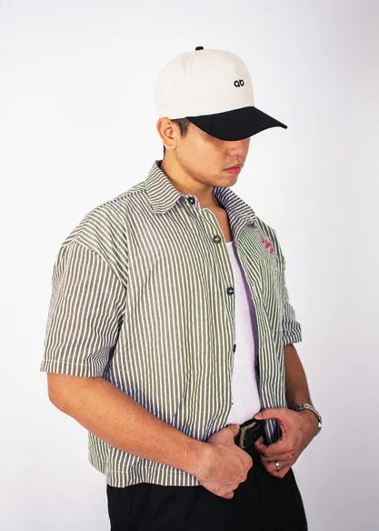 cropped polo shirt | button-down | drop shoulder | box fit | retro striped | vintage cambric | olive