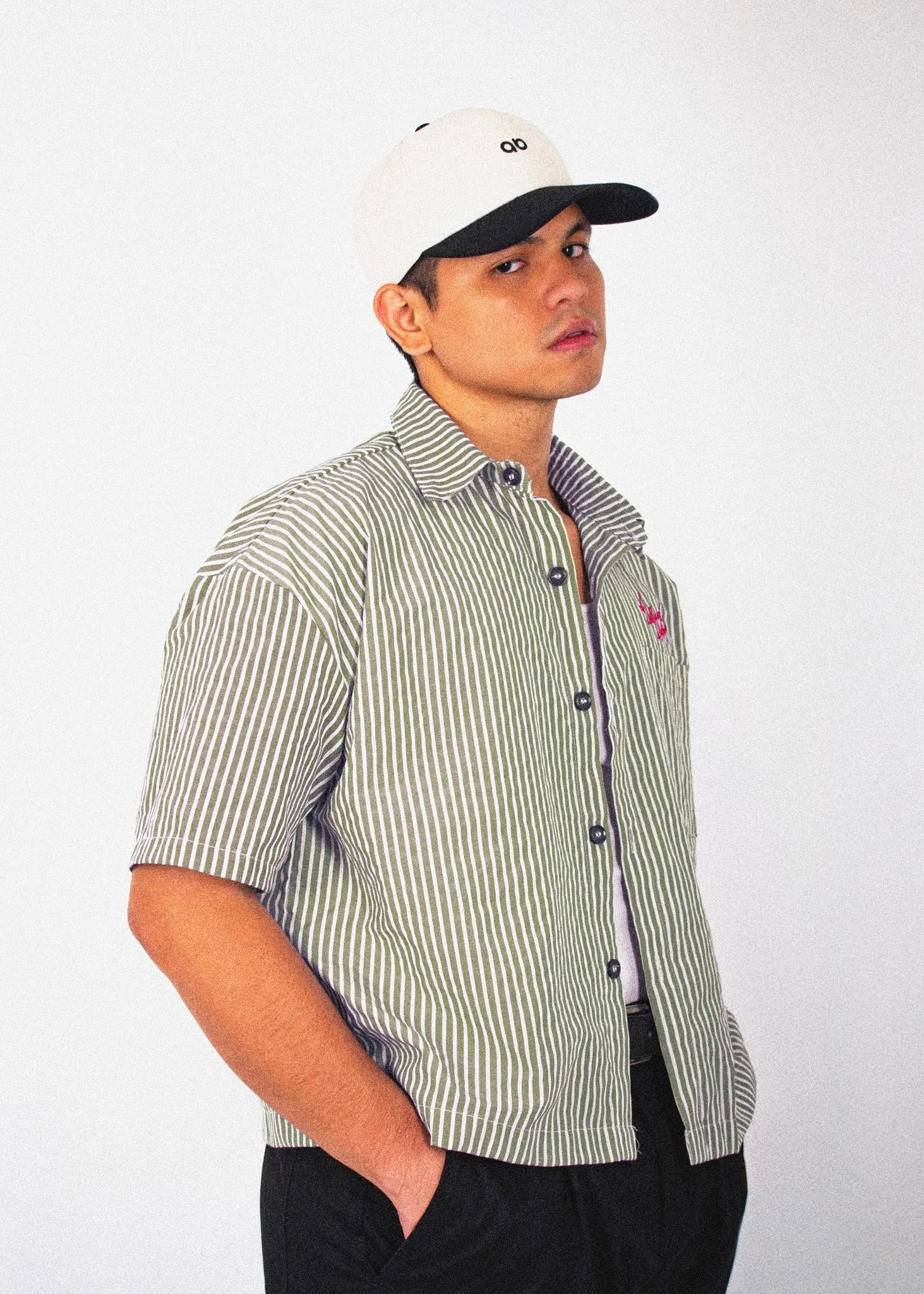 cropped polo shirt | button-down | drop shoulder | box fit | retro striped | vintage cambric | olive