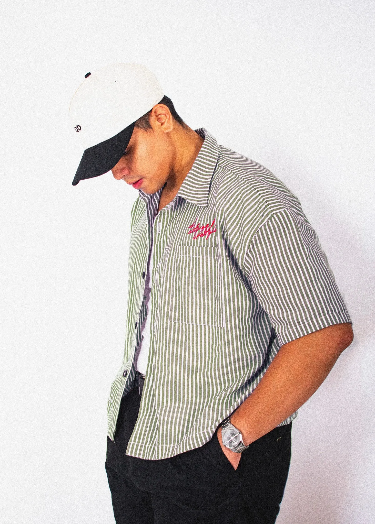 cropped polo shirt | button-down | drop shoulder | box fit | retro striped | vintage cambric | olive