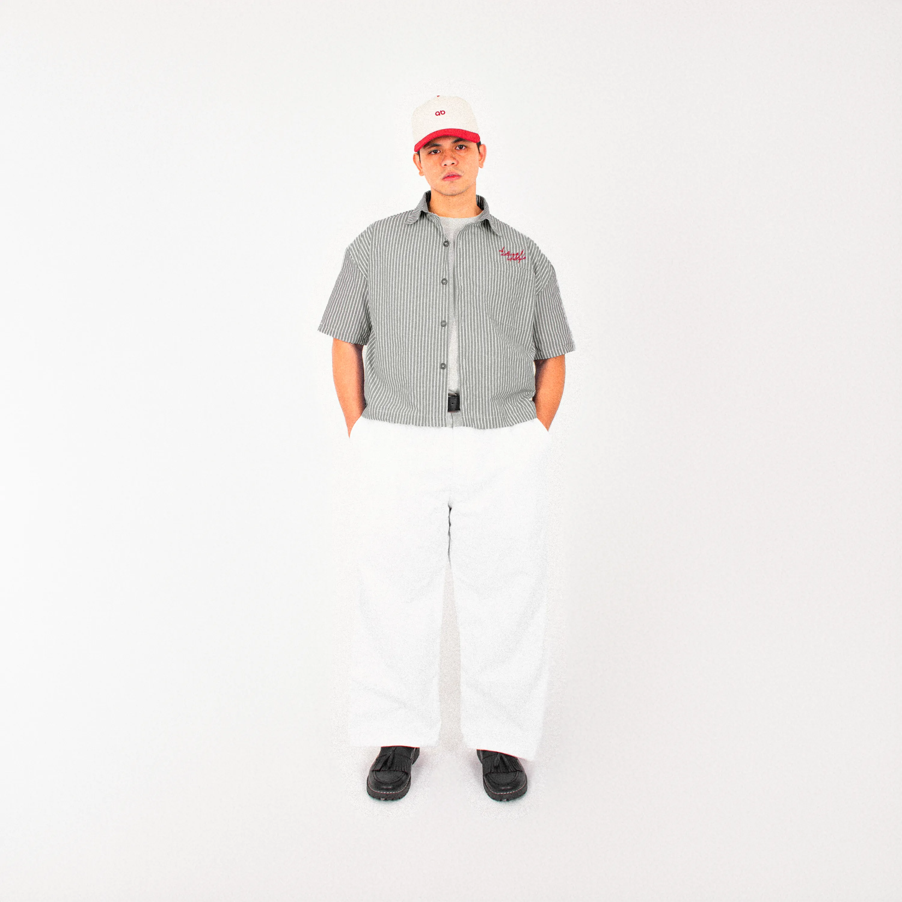 cropped polo shirt | button-down | drop shoulder | box fit | retro striped | vintage cambric | olive