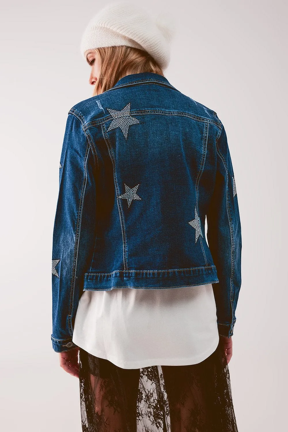 Denim Jacket With Star Embellishment In Midwash