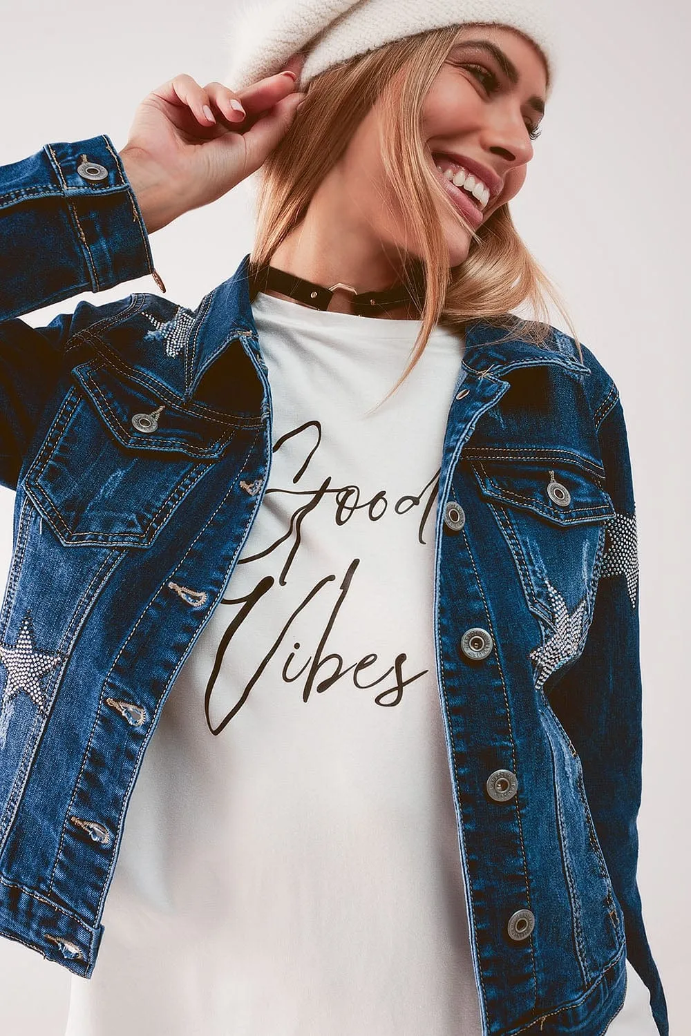 Denim Jacket With Star Embellishment In Midwash