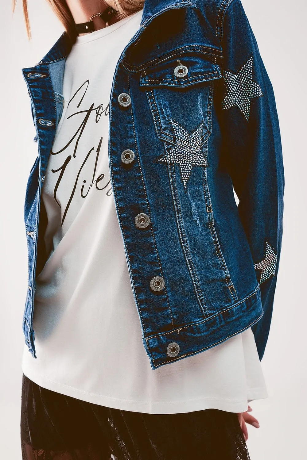 Denim Jacket With Star Embellishment In Midwash