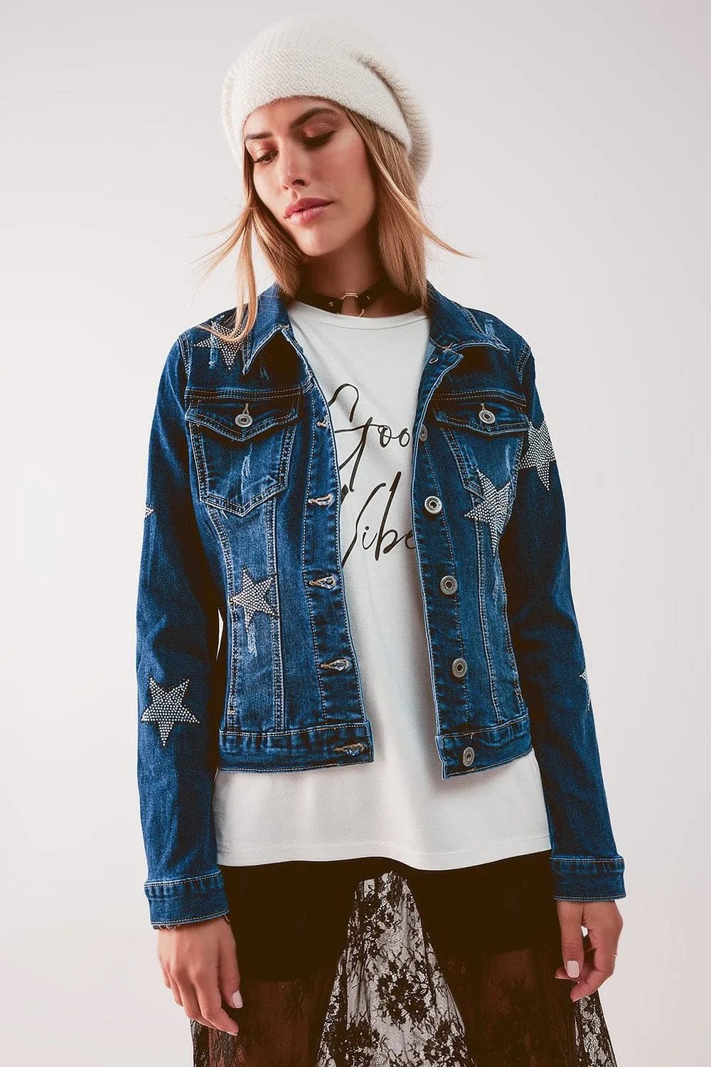 Denim Jacket With Star Embellishment In Midwash