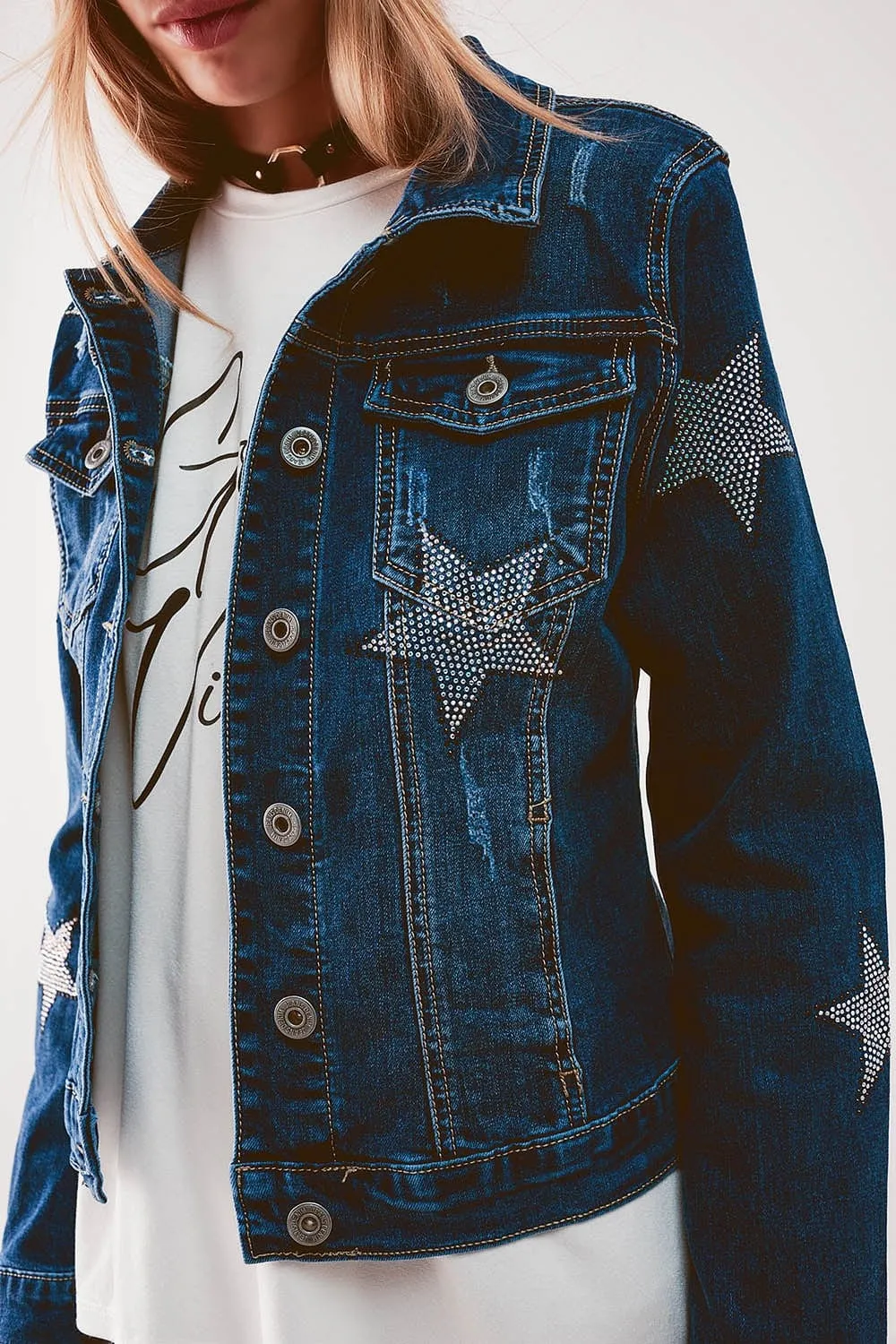 Denim Jacket With Star Embellishment In Midwash
