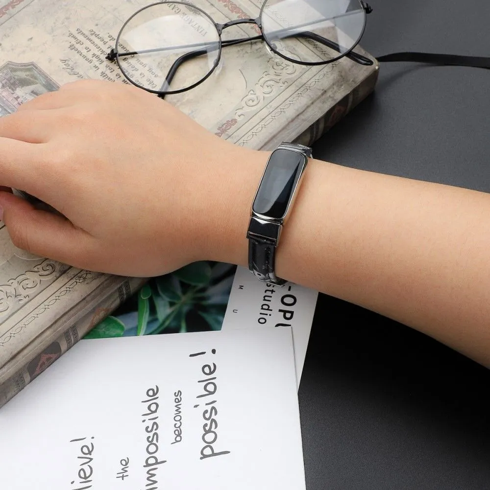 Fitbit Luxe genuine leather watch strap - Black / Grey Flower / Size: S
