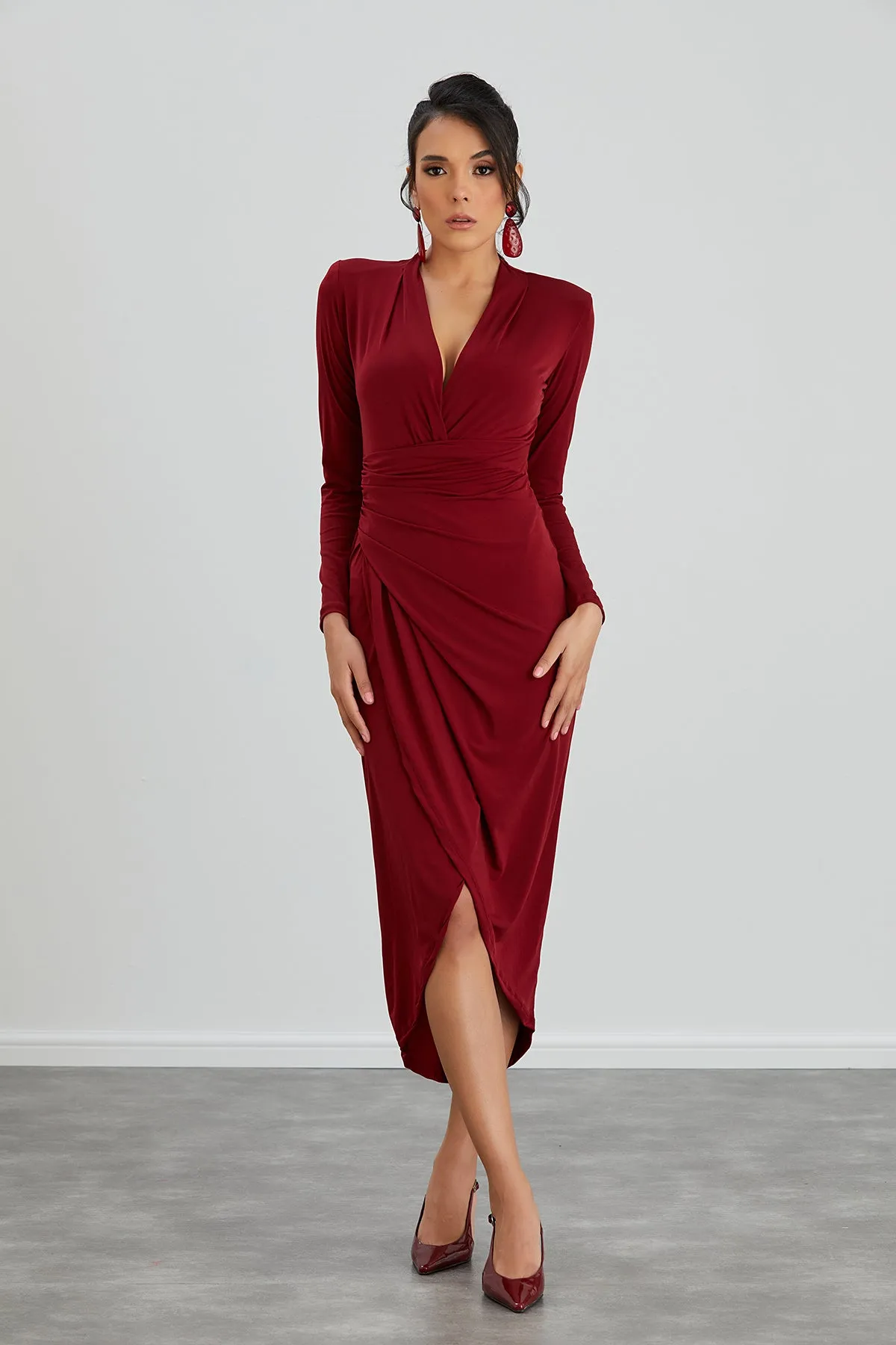 Forever Wrap Midi dress with front Slit in Burgundy