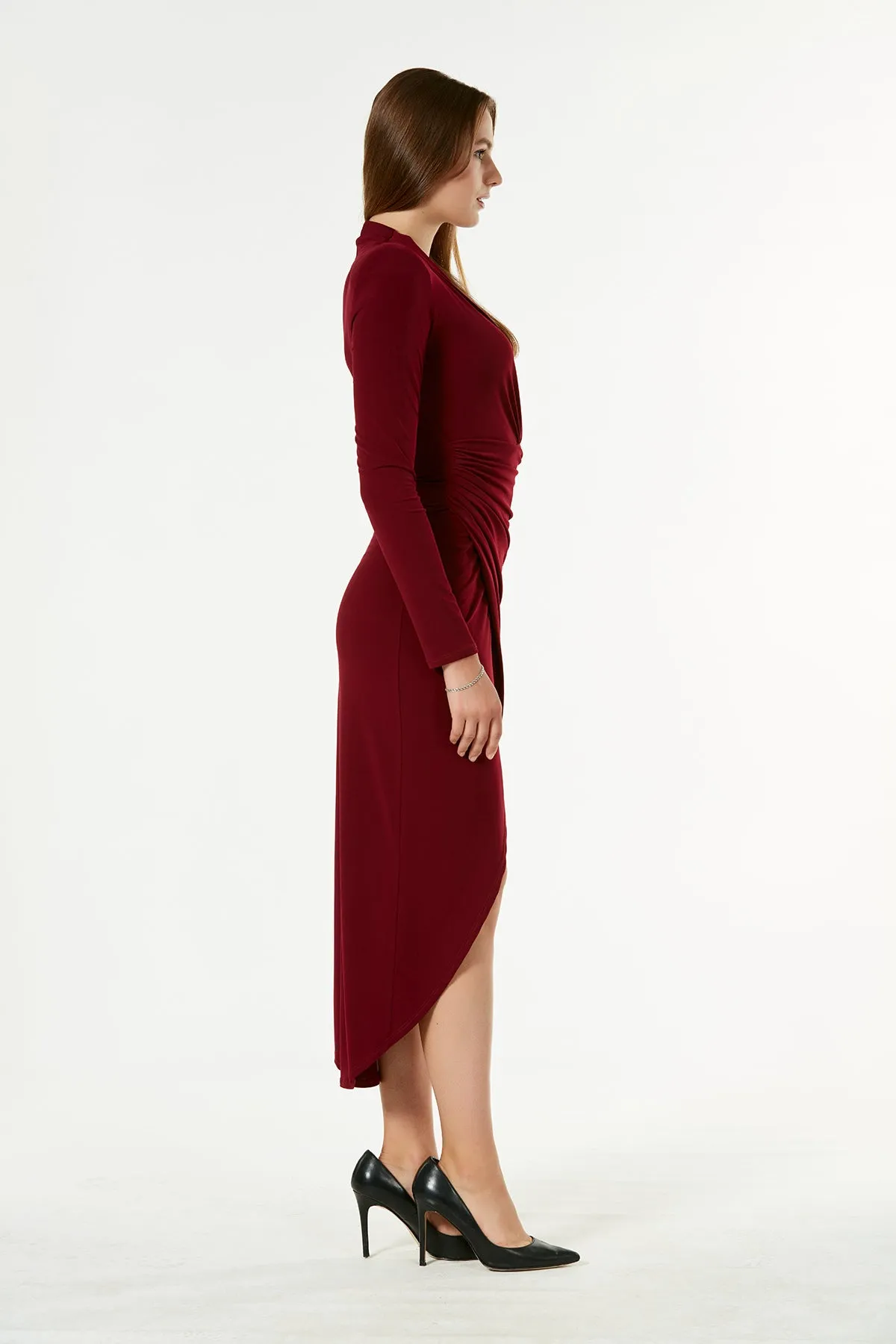 Forever Wrap Midi dress with front Slit in Burgundy