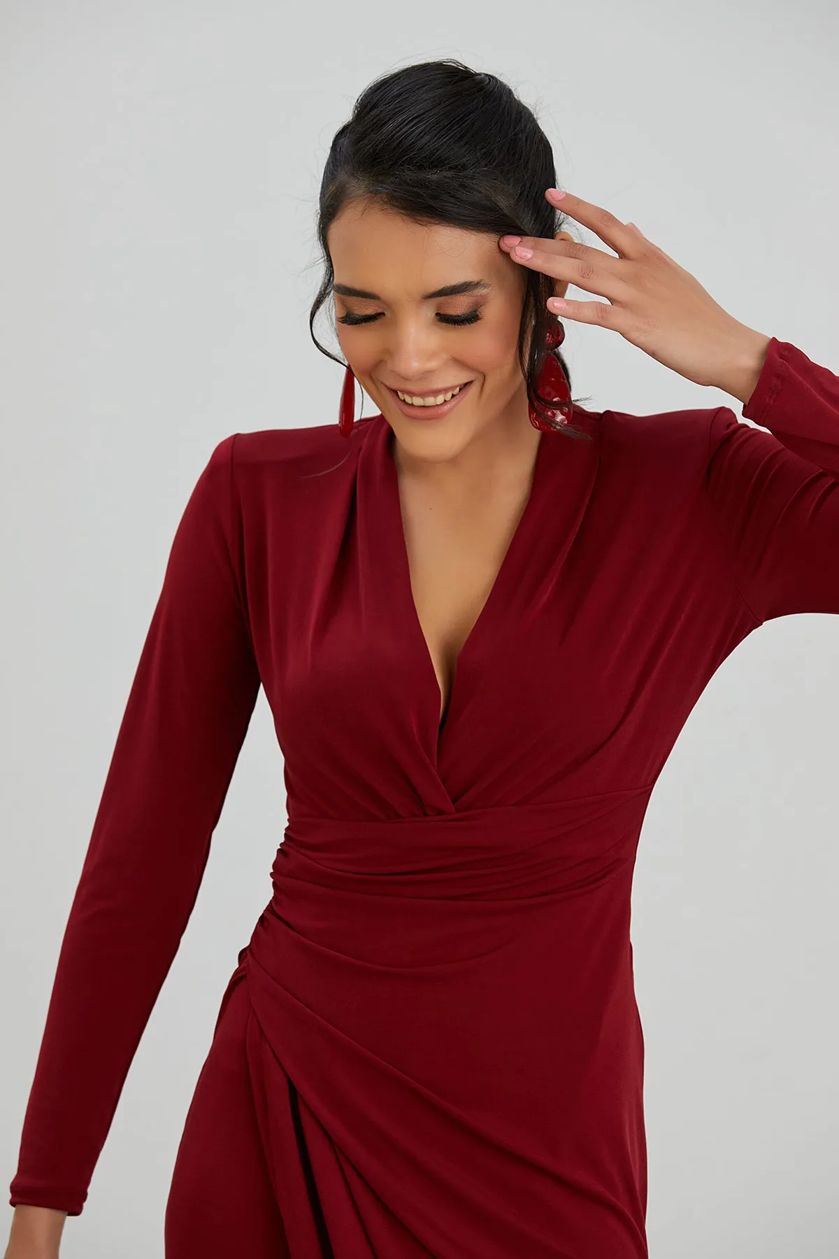 Forever Wrap Midi dress with front Slit in Burgundy