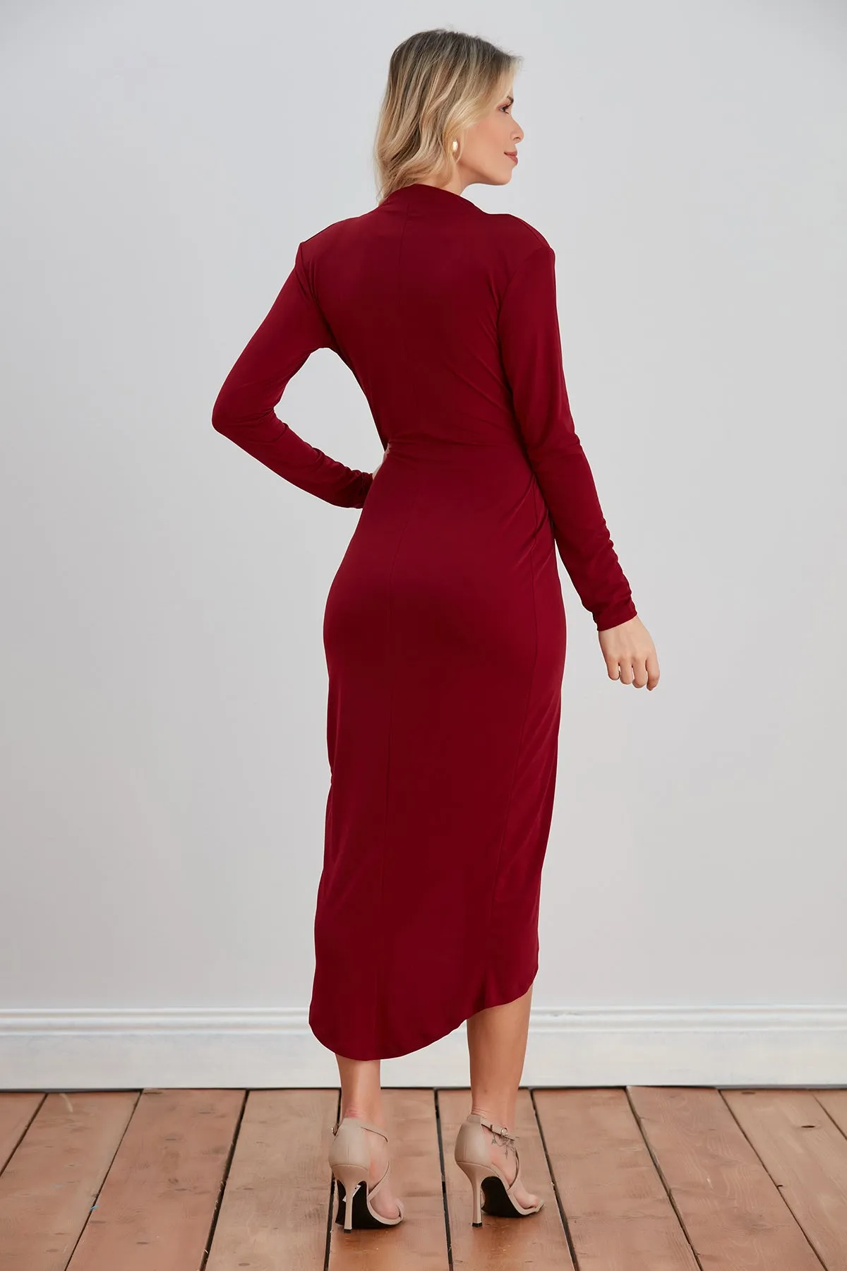 Forever Wrap Midi dress with front Slit in Burgundy