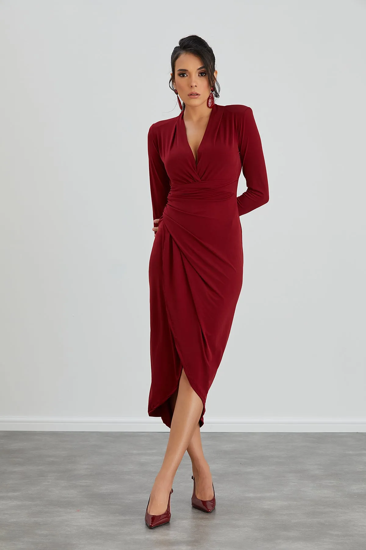 Forever Wrap Midi dress with front Slit in Burgundy