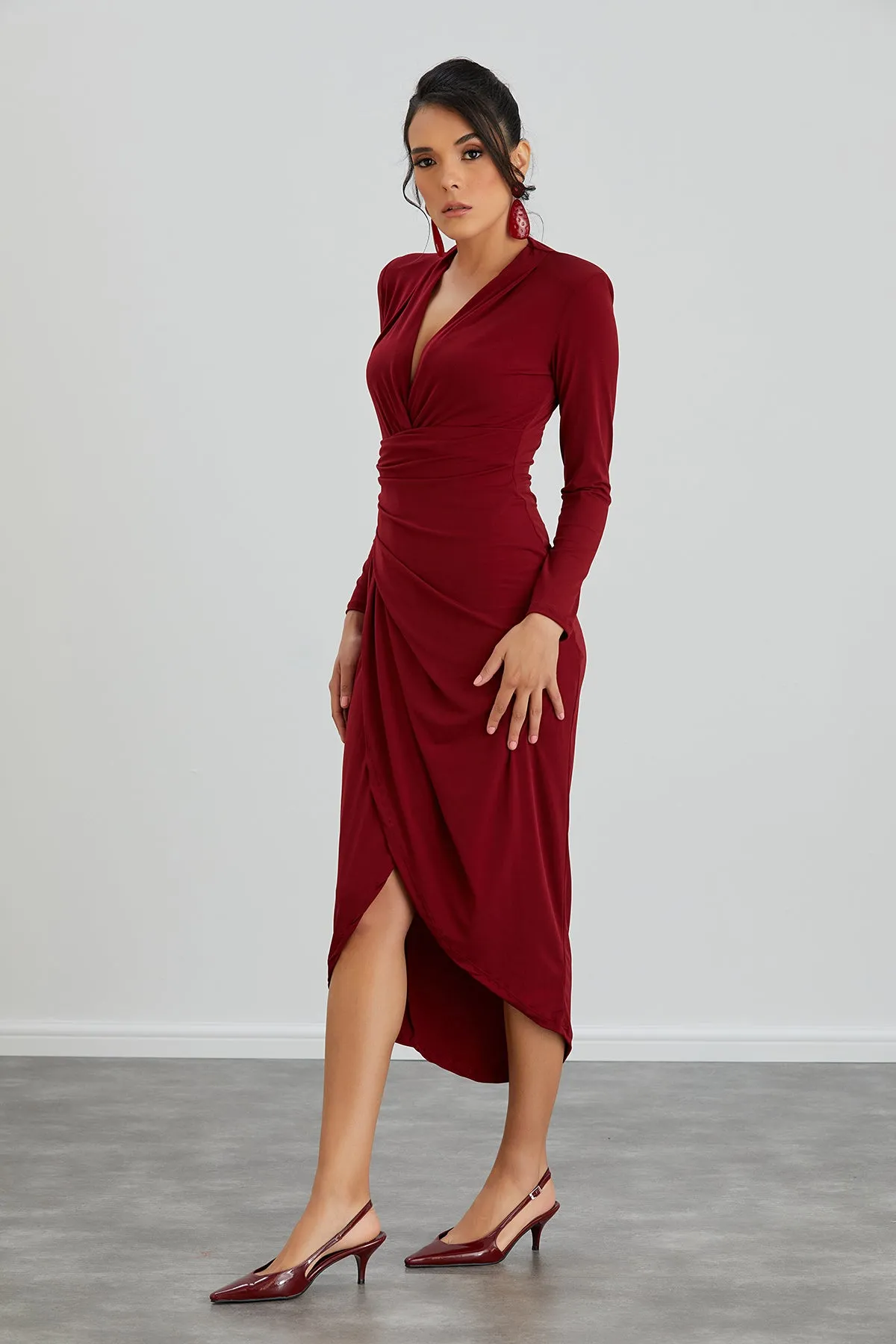 Forever Wrap Midi dress with front Slit in Burgundy