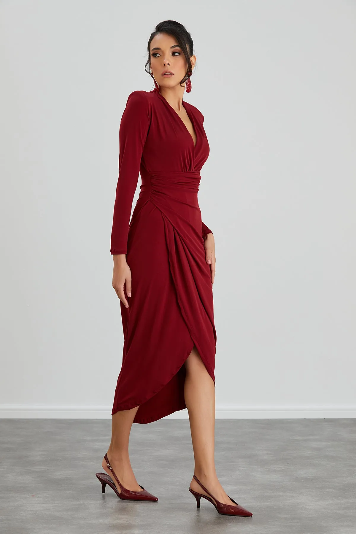 Forever Wrap Midi dress with front Slit in Burgundy