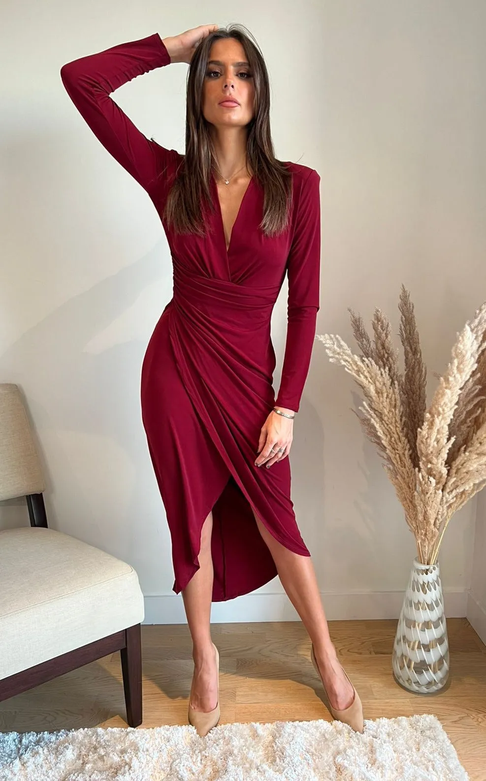 Forever Wrap Midi dress with front Slit in Burgundy