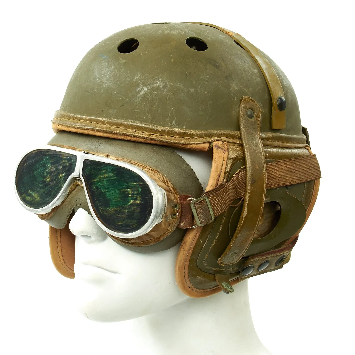 Original U.S. WWII M38 Tanker Helmet by Rawlings with Period Goggles - Size 7 3/8