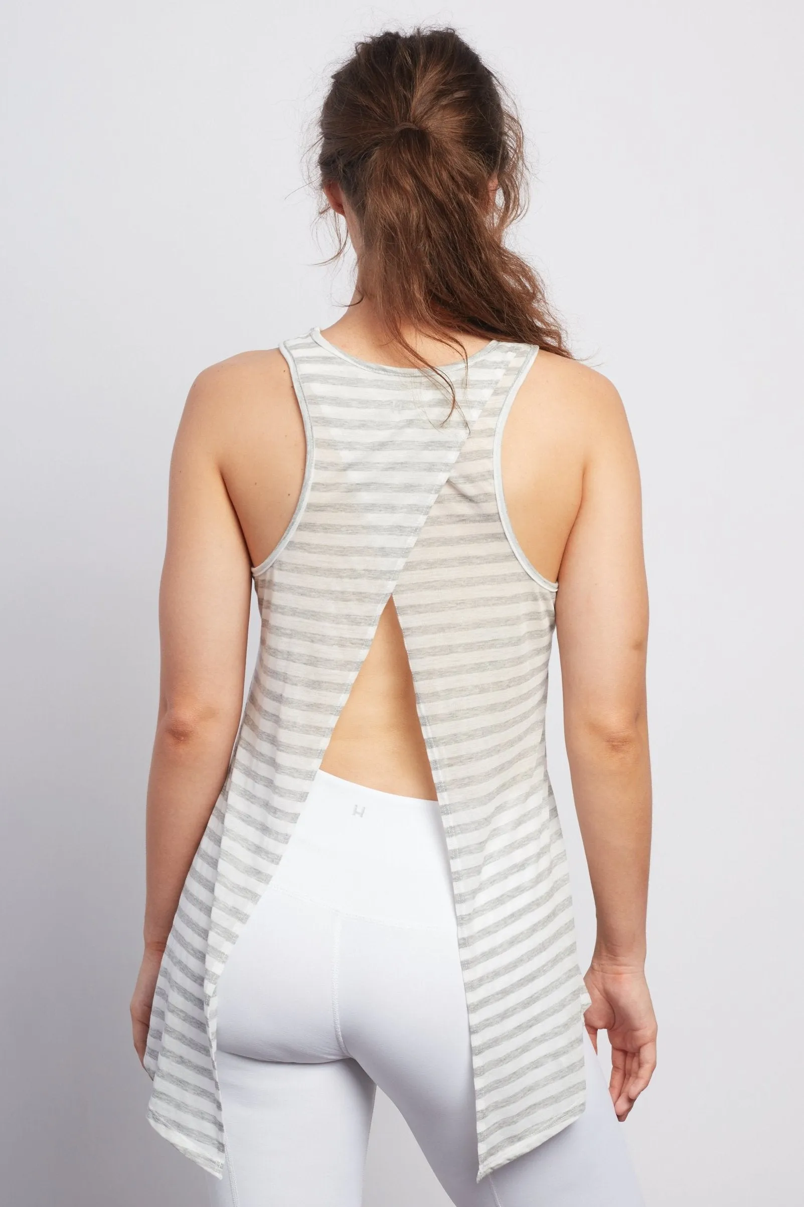 PINK LOTUS  Natural Grey Stripe Camille Tie-Back Tank