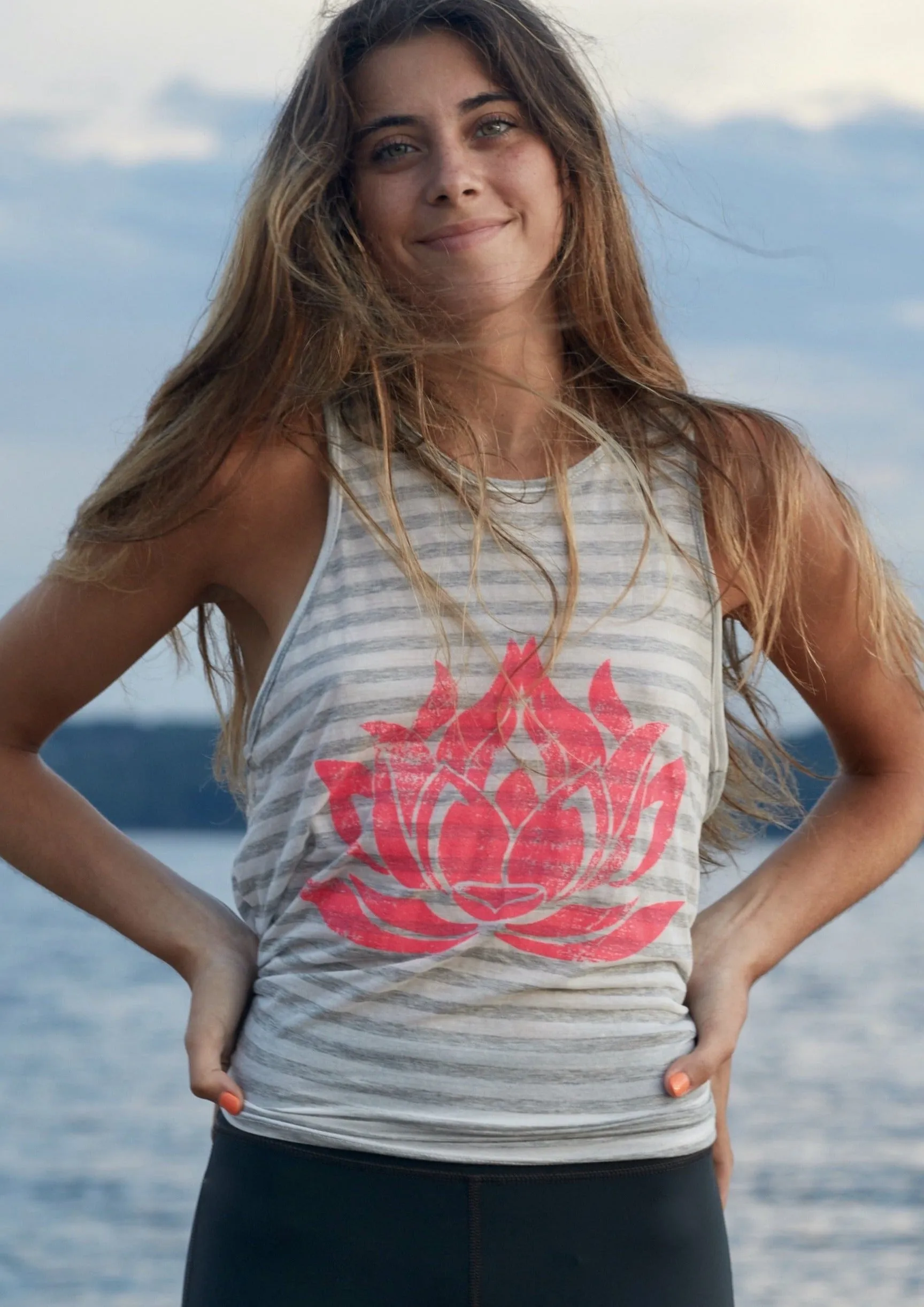 PINK LOTUS  Natural Grey Stripe Camille Tie-Back Tank