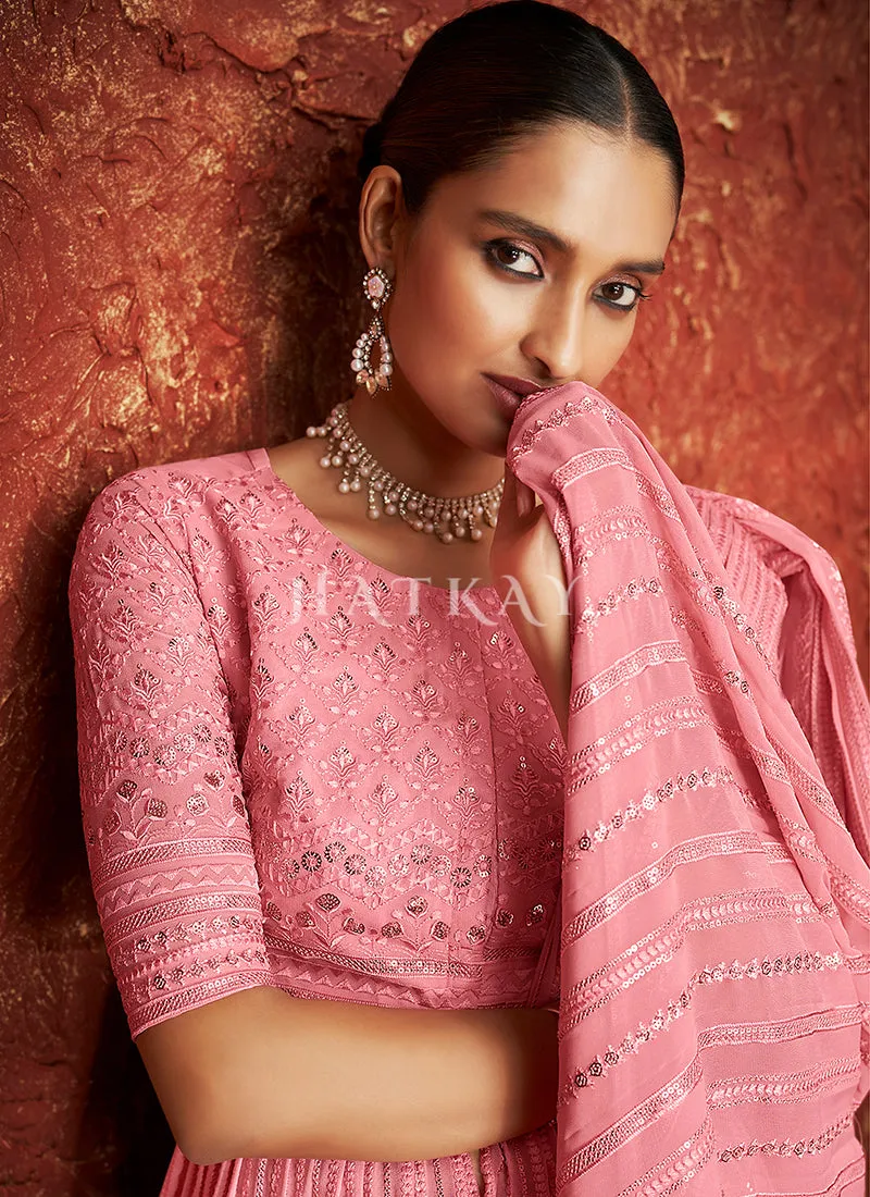 Pink Sequence Embroidered Jacket Style Lehenga Suit