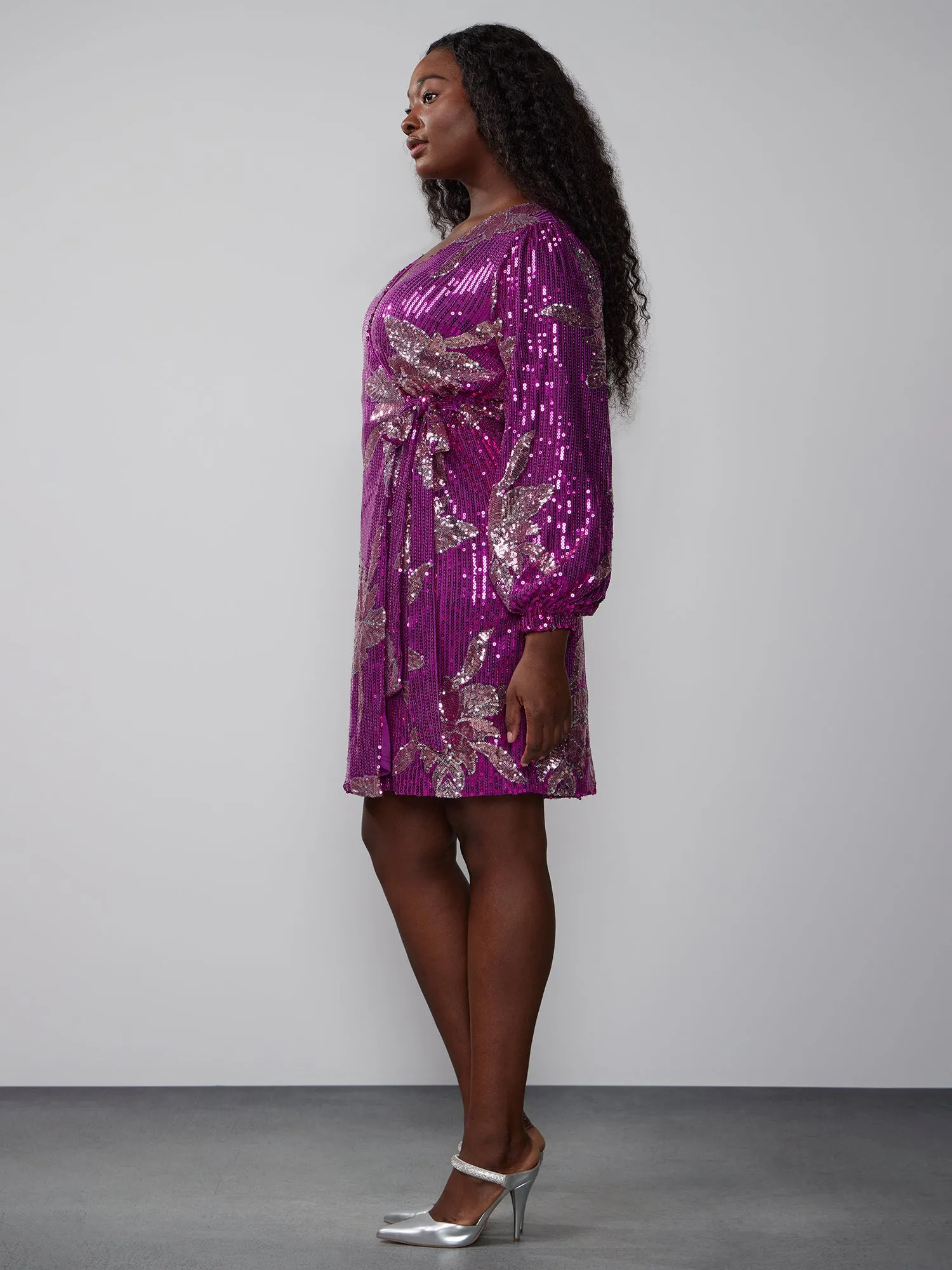 Plus Floral Sequin Mini Wrap Dress