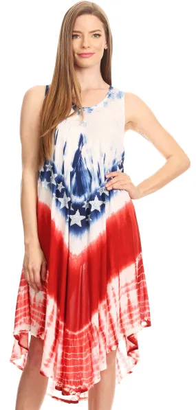 Sakkas Irina Stars and Stripes Patriotic Tie-Dye Summer Tank Dress  Casual Simple