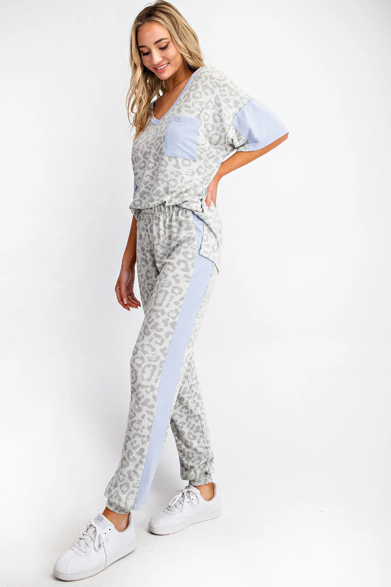 SIDE CONTRAST DETAIL LEOPARD LOUNGING JOGGER - GREY/BLUE