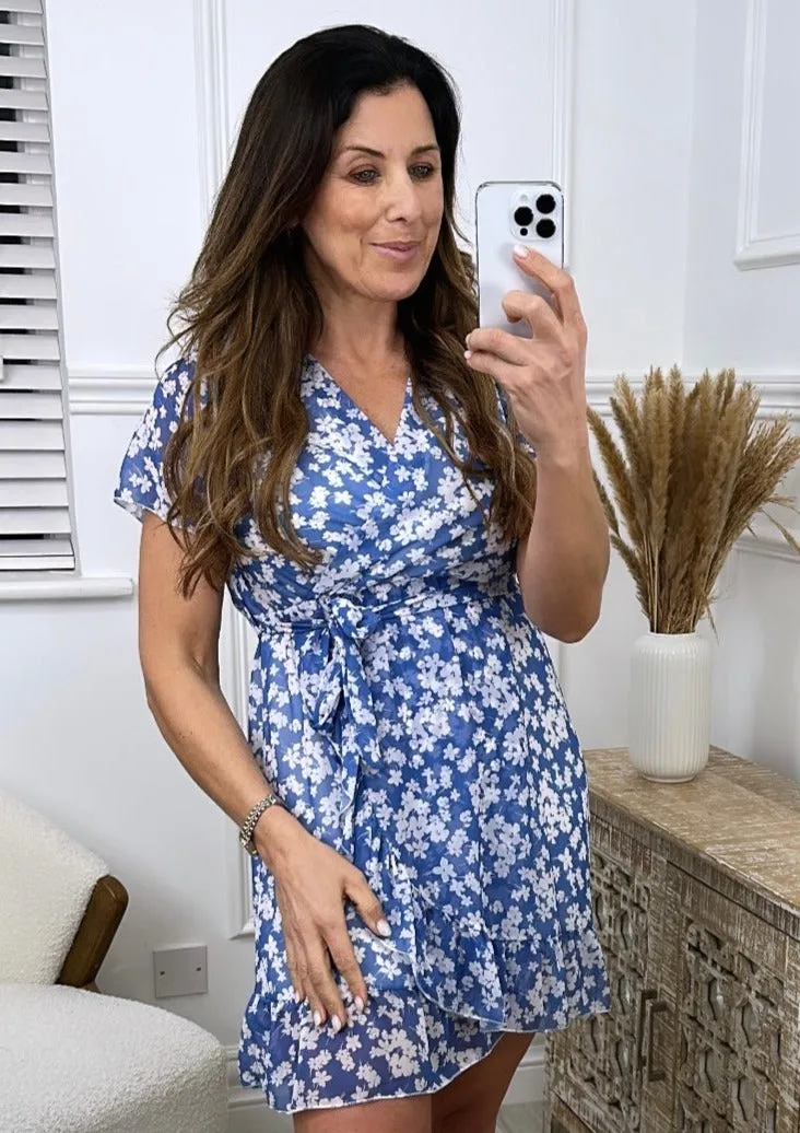 Sophie Summer Blue Floral Wrap Dress