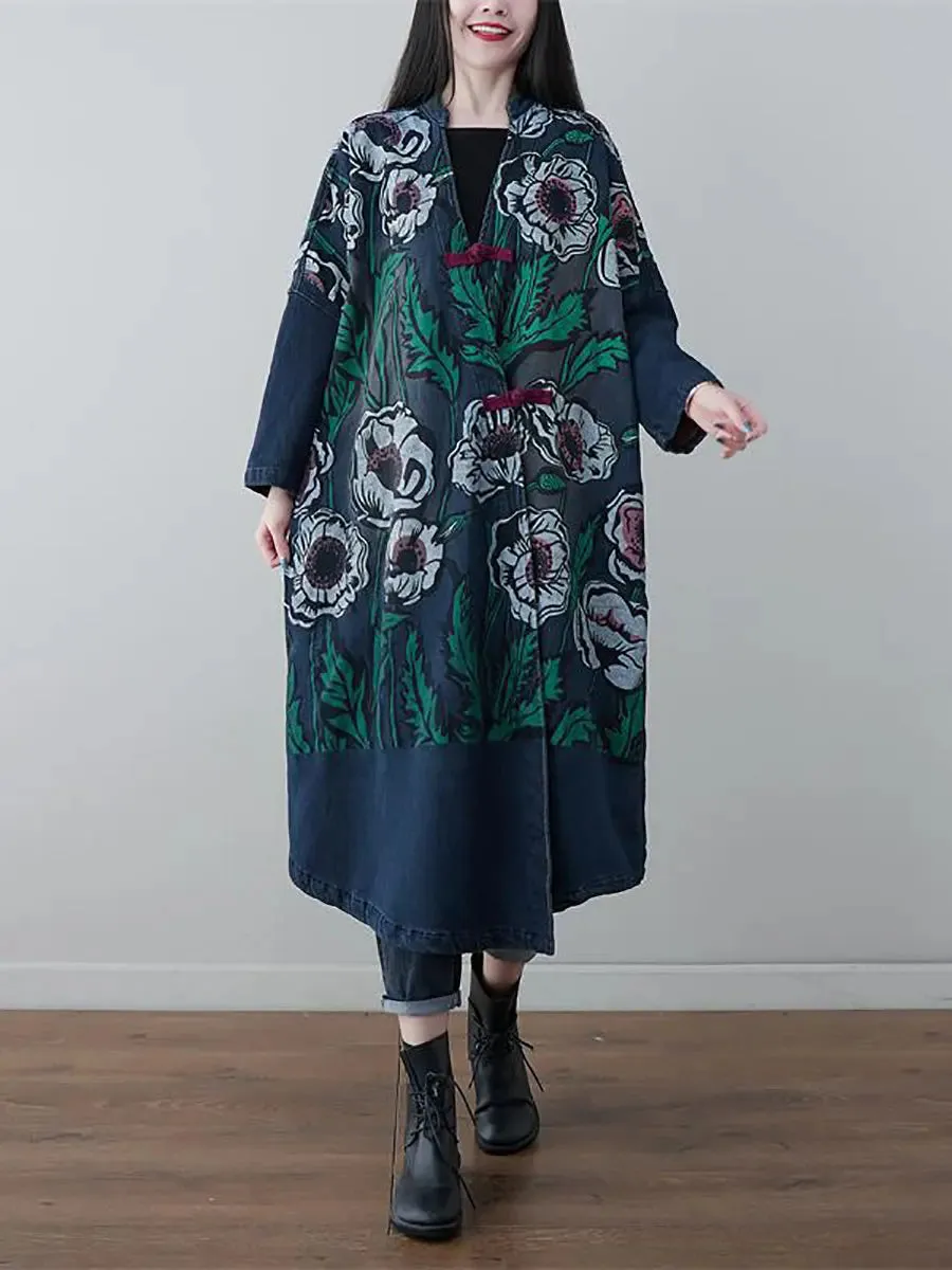 Women Print Denim Long Coat