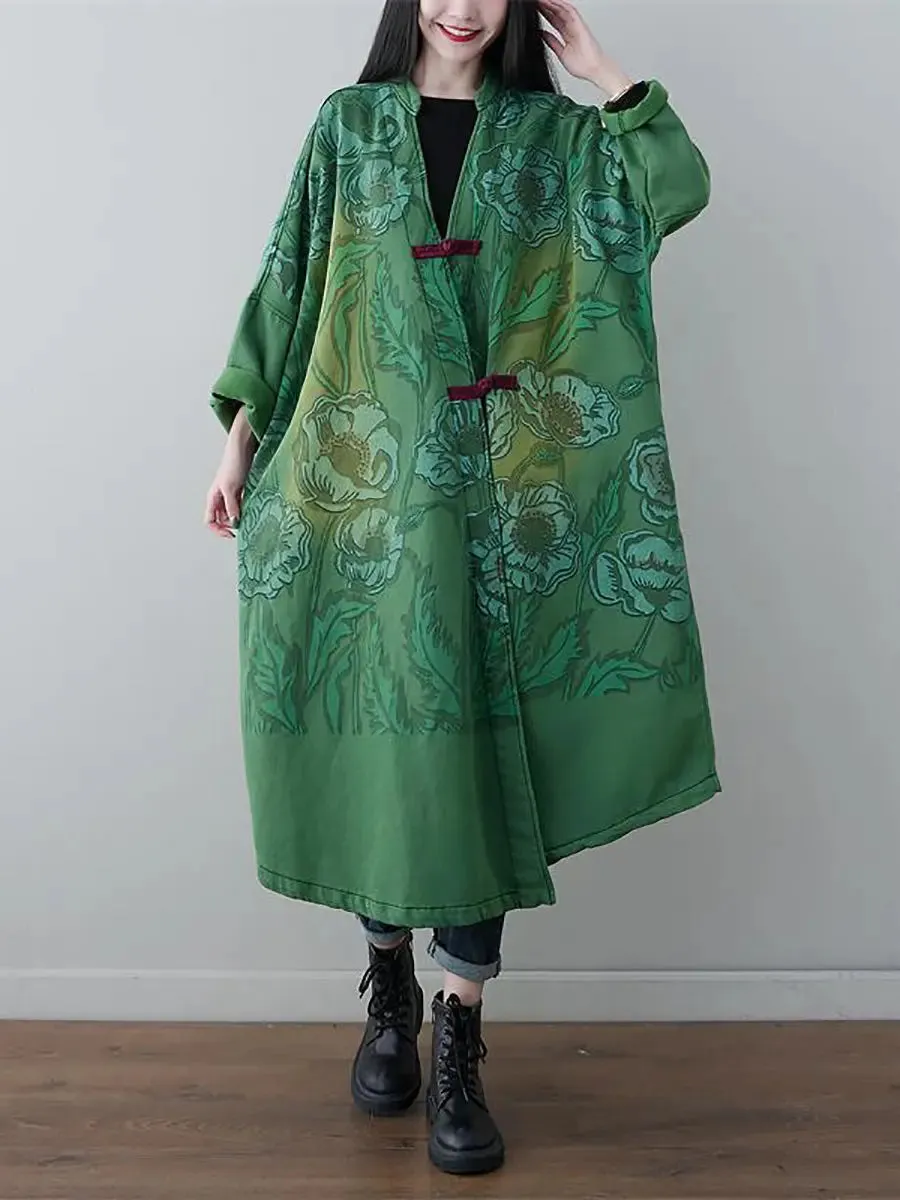 Women Print Denim Long Coat