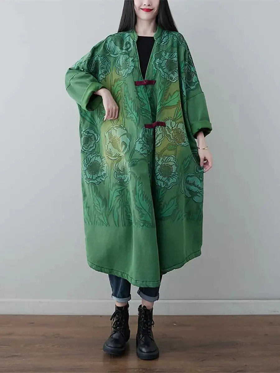 Women Print Denim Long Coat