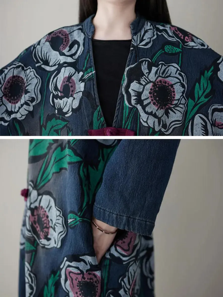 Women Print Denim Long Coat