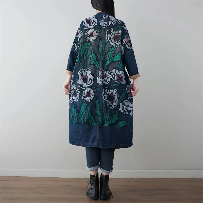 Women Print Denim Long Coat
