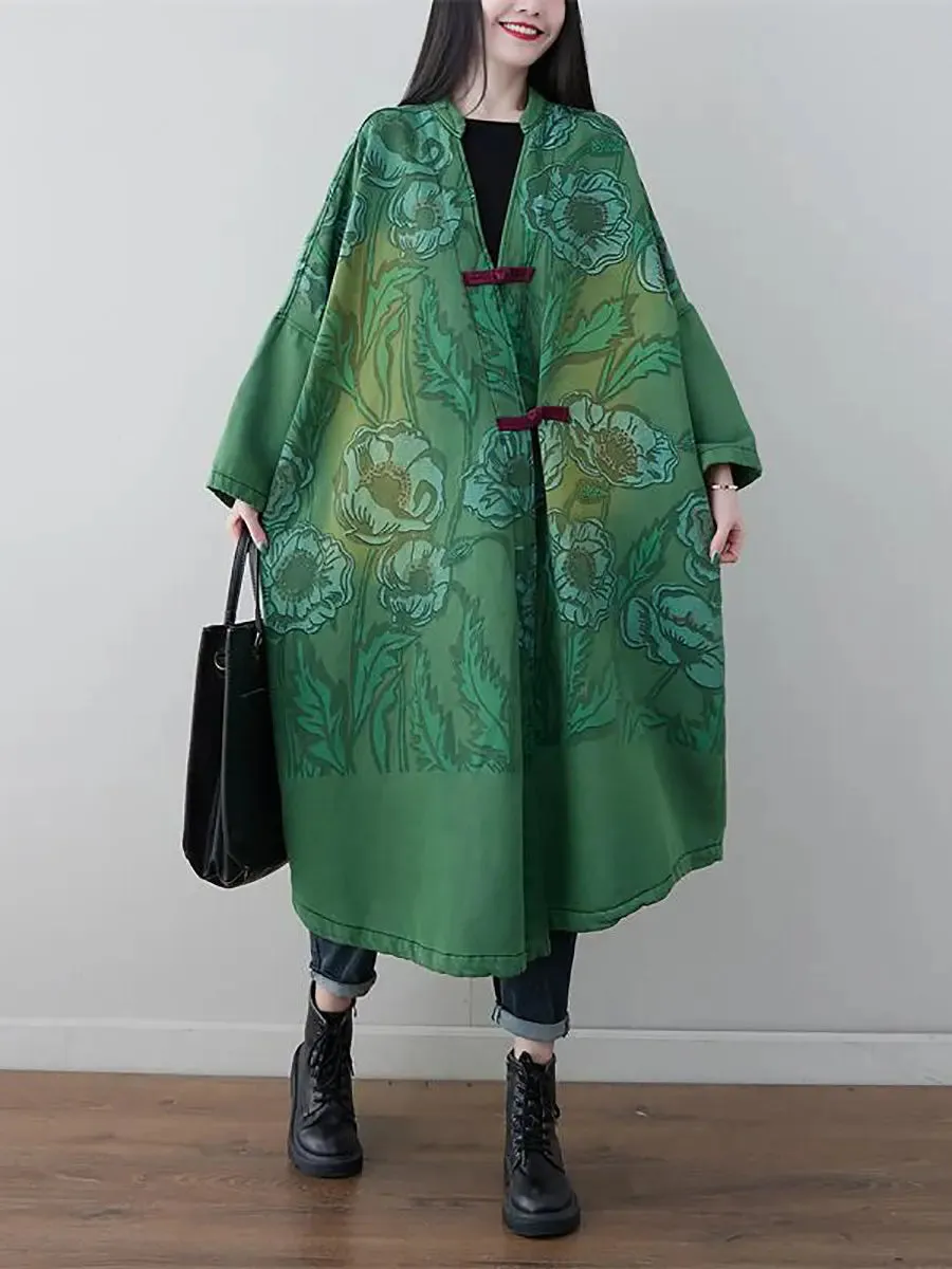 Women Print Denim Long Coat