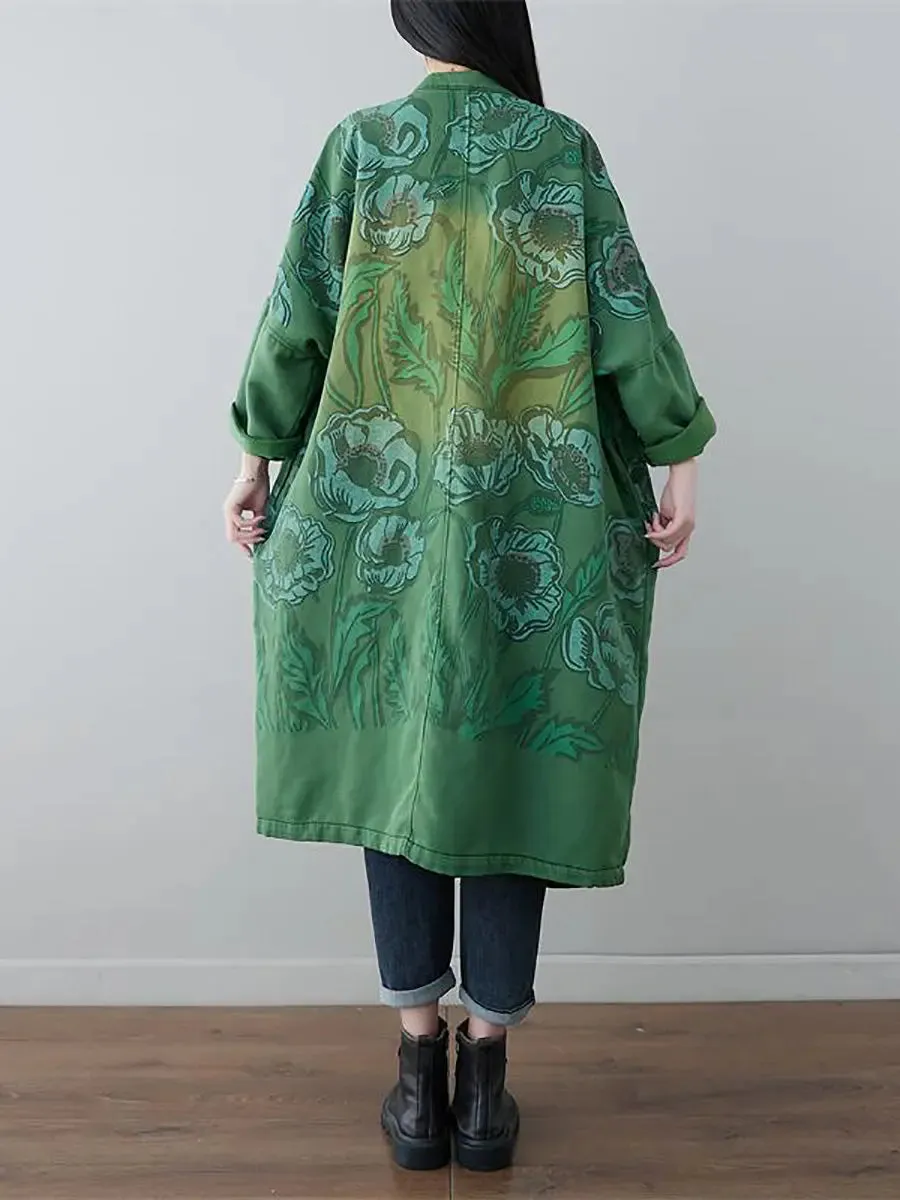Women Print Denim Long Coat