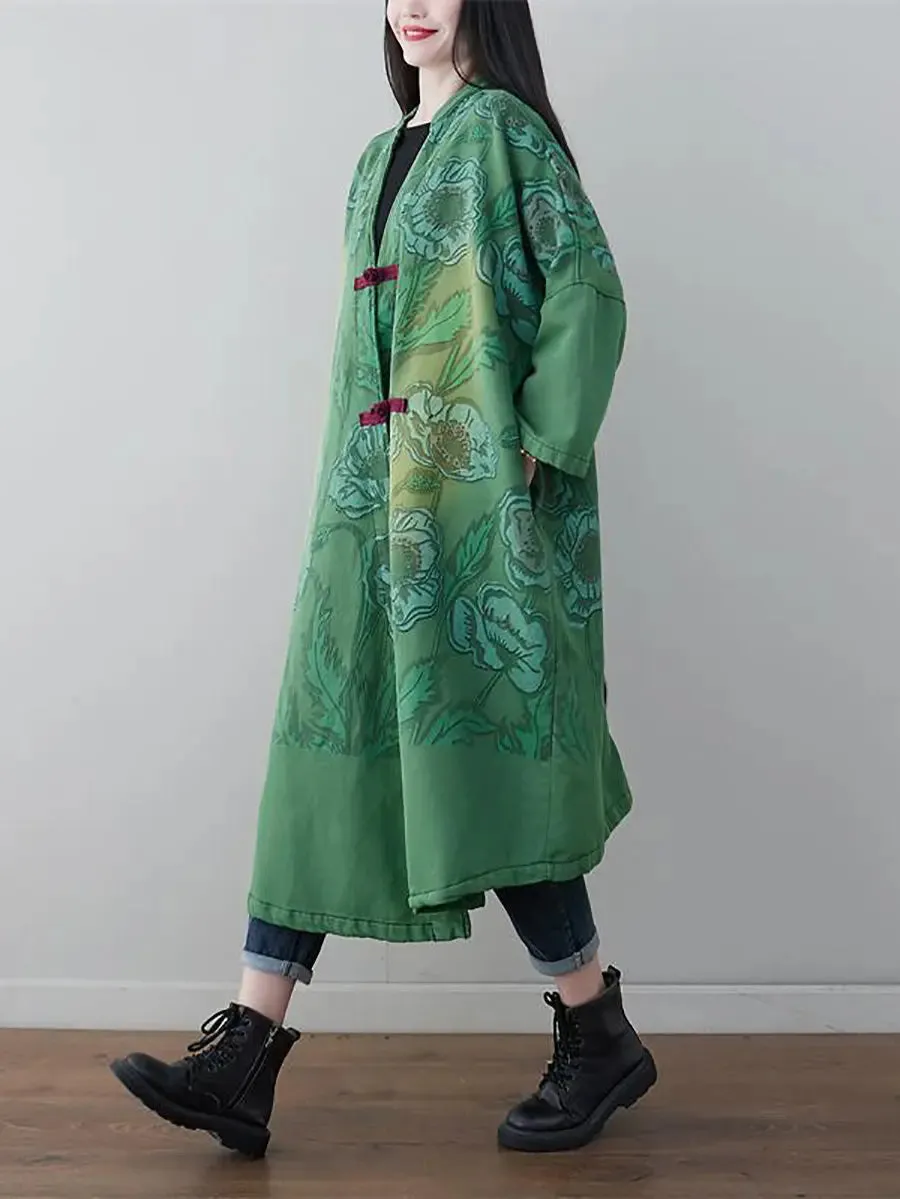 Women Print Denim Long Coat
