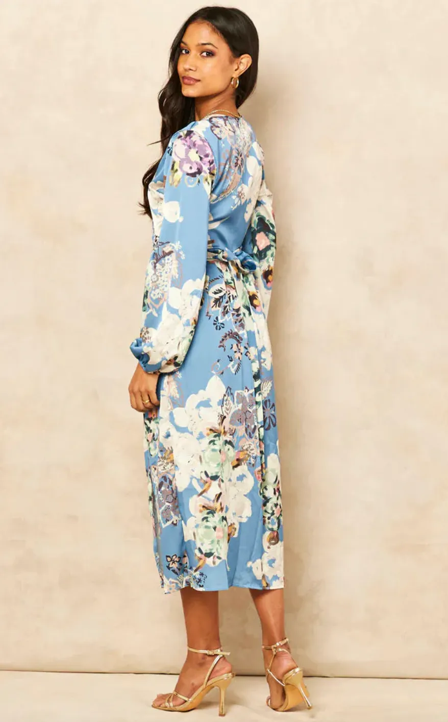 Wrap Long Sleeve Midi dress in Floral print