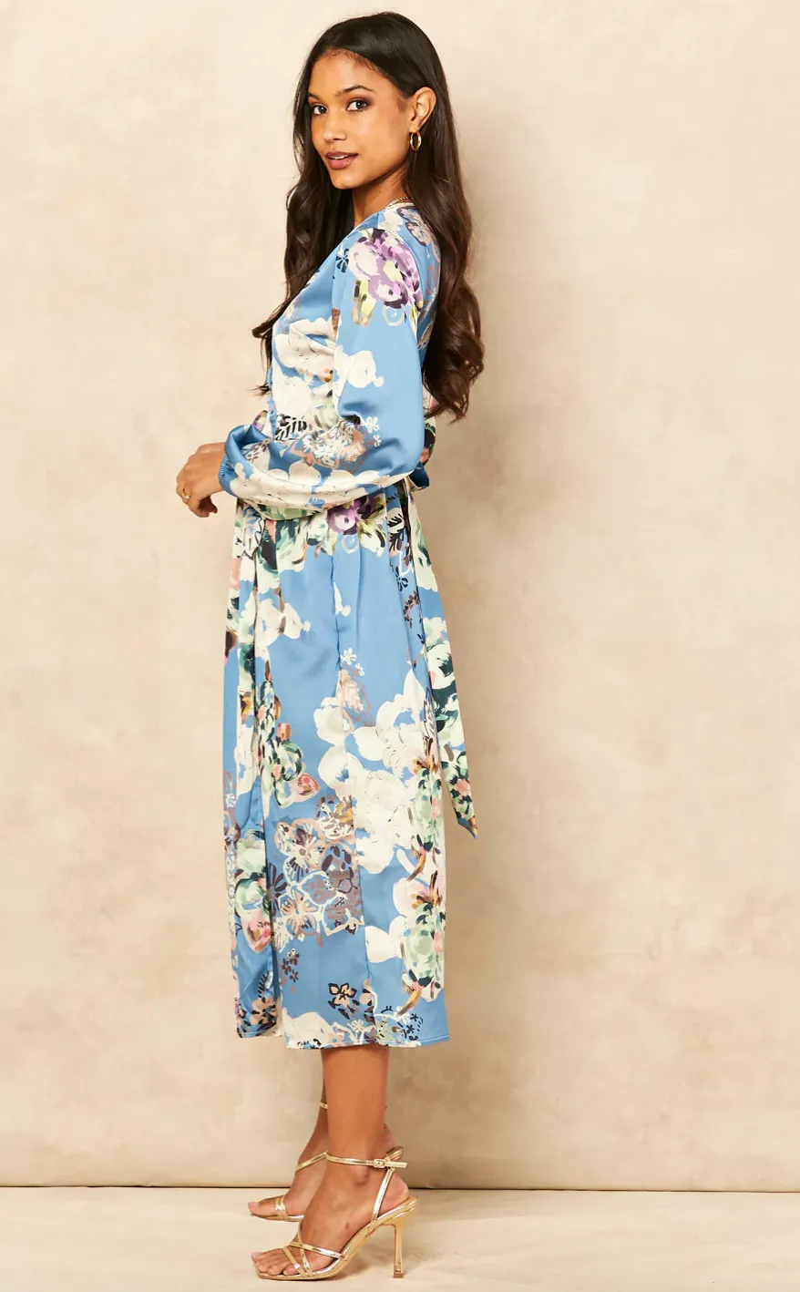 Wrap Long Sleeve Midi dress in Floral print