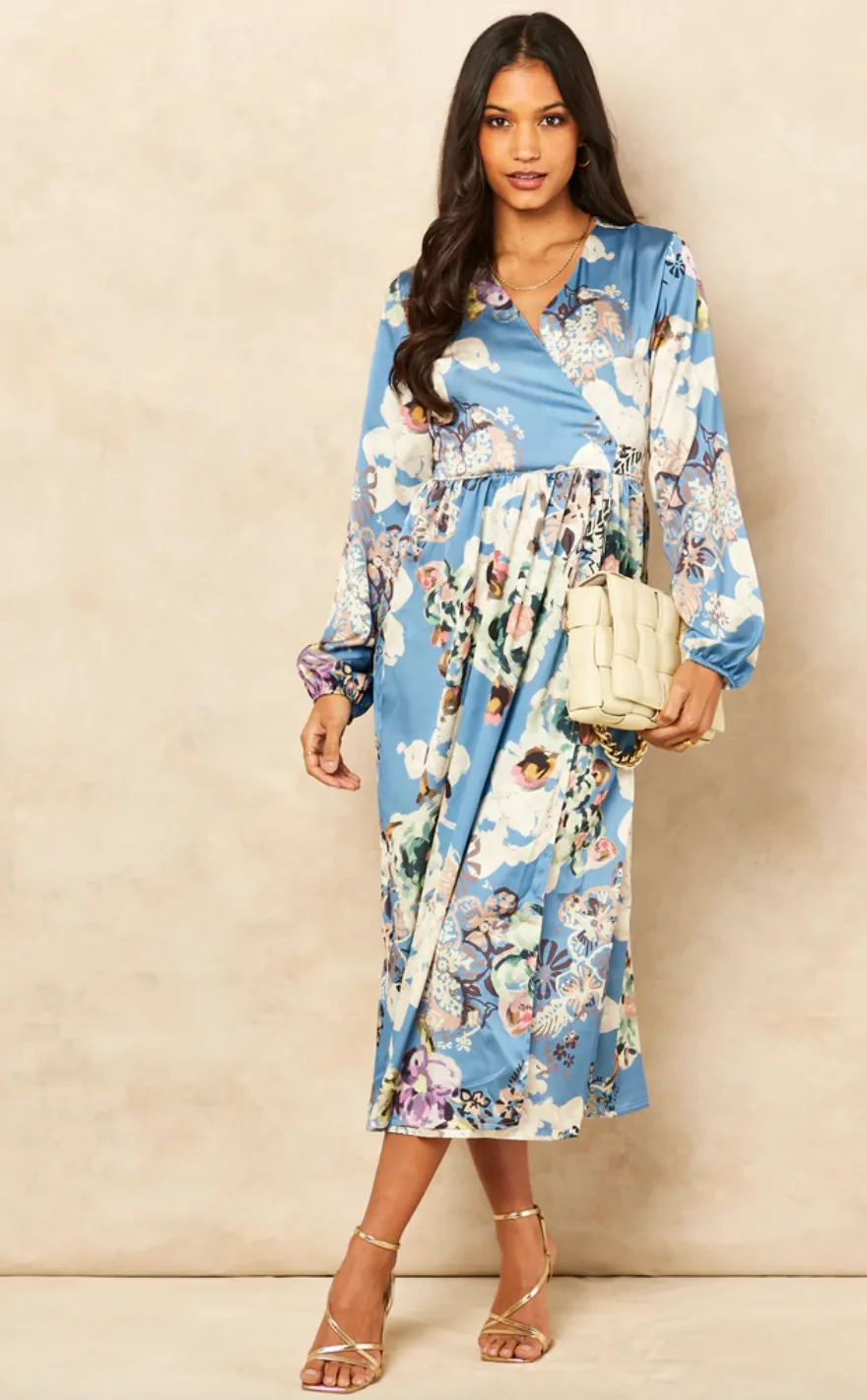 Wrap Long Sleeve Midi dress in Floral print