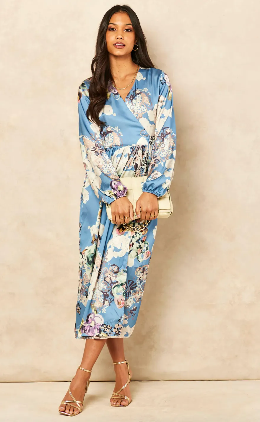 Wrap Long Sleeve Midi dress in Floral print