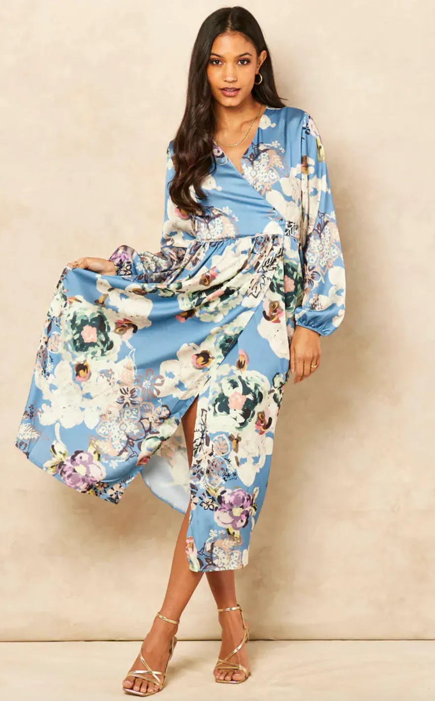 Wrap Long Sleeve Midi dress in Floral print