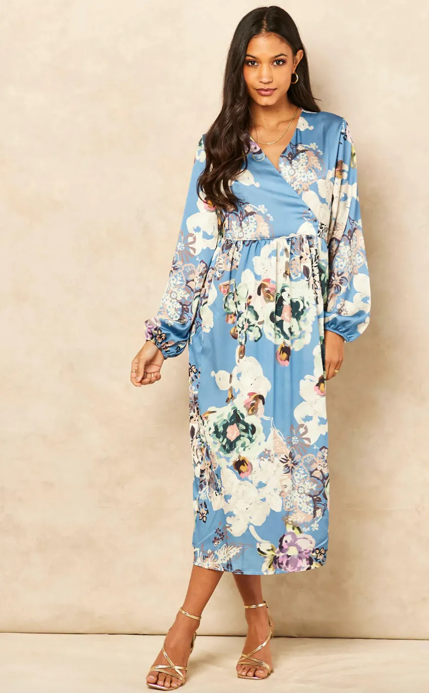 Wrap Long Sleeve Midi dress in Floral print