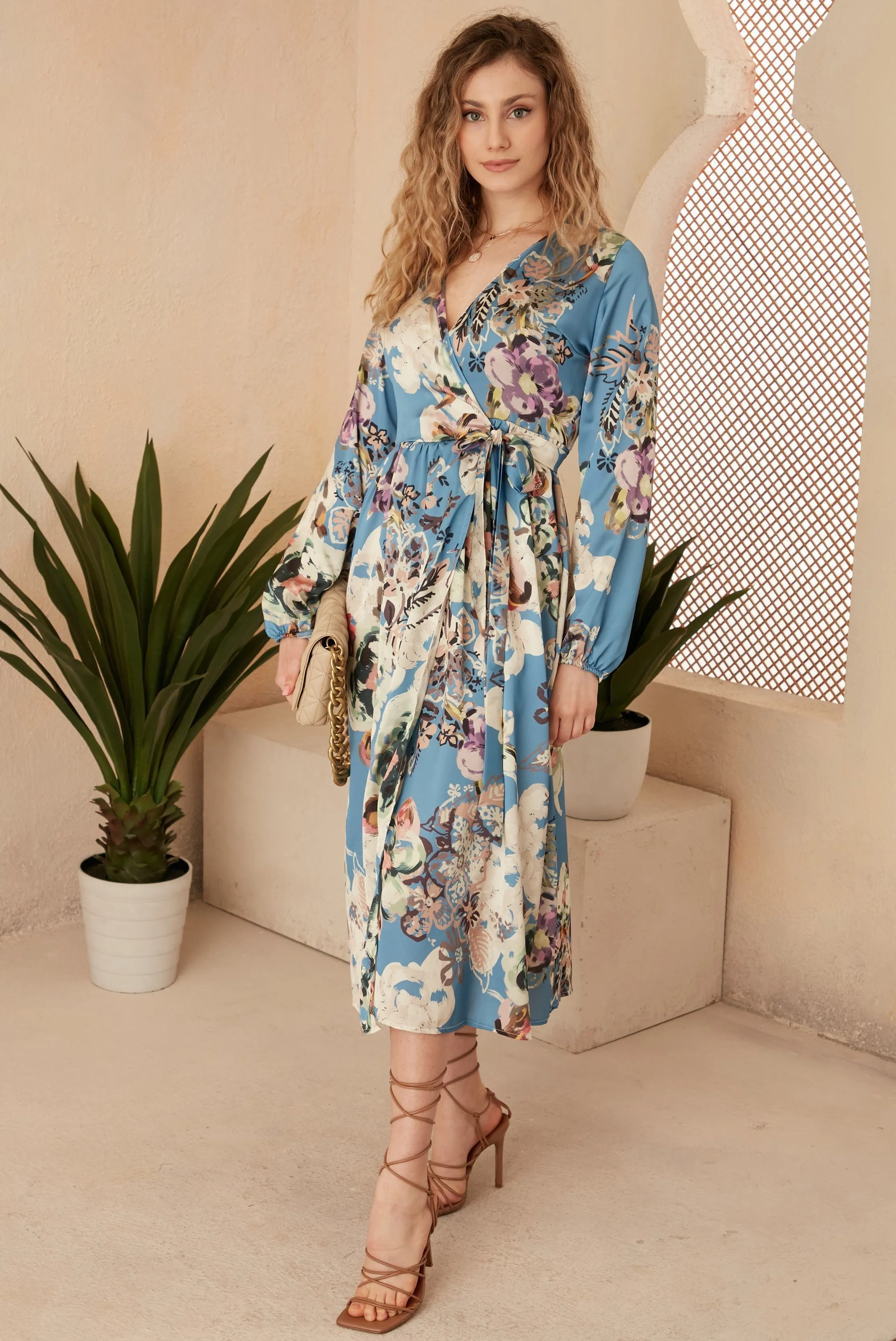 Wrap Long Sleeve Midi dress in Floral print